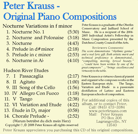 The back cover of Peter Krauss - Original Piano Compositions